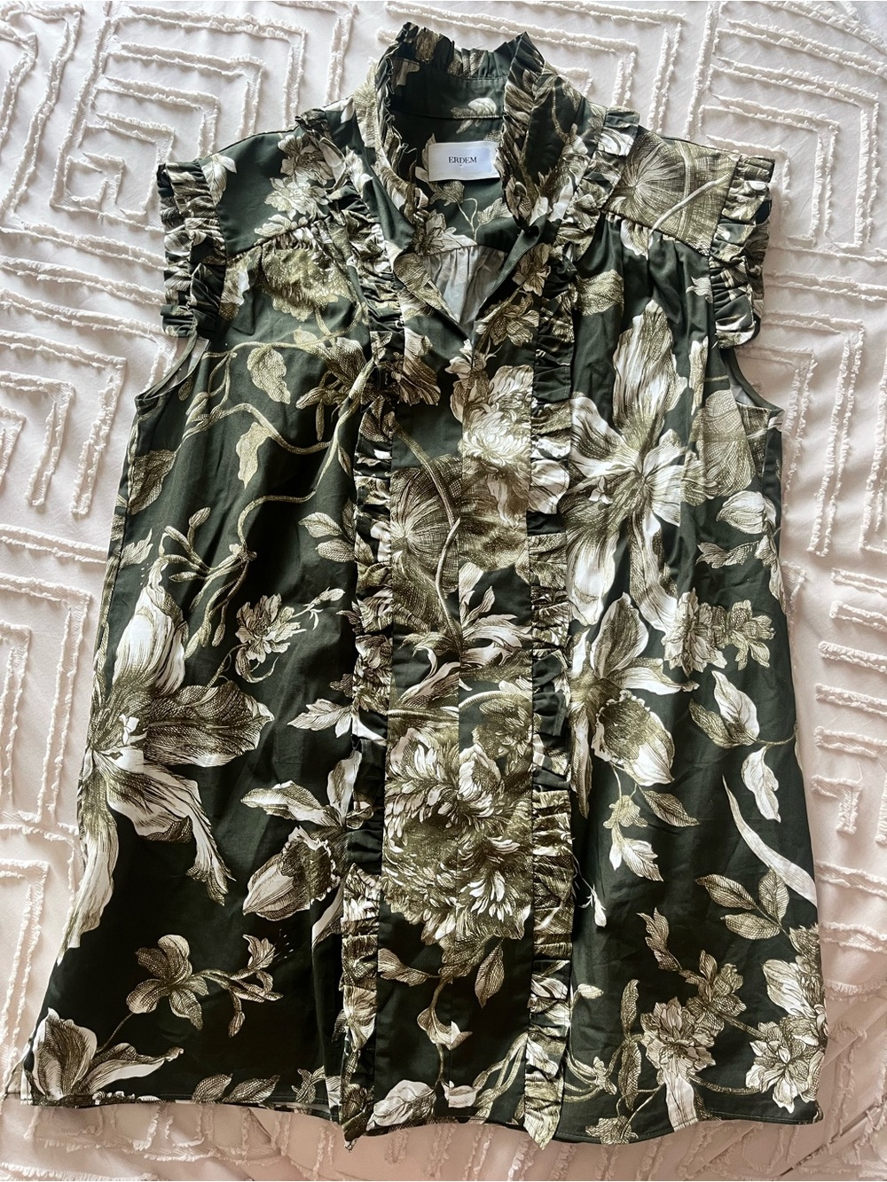 ERDEM Olive Green Floral Ruffle Sleeveless Blouse